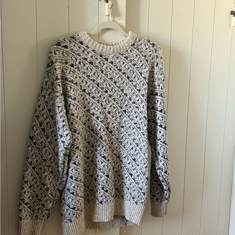 vintage Nordic-style gray and blue Fair Isle wool sweater